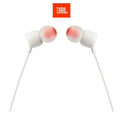 Audífonos in ear con micrófono JBL T110 cable plano, conector 3.5 mm, control de música y llamadas, blanco