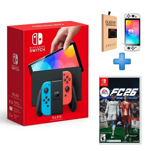 PACK CONSOLA NINTENDO SWITCH OLED NEON + VIDEOJUEGO FC 26 + MICA GLASS PARA SWITCH