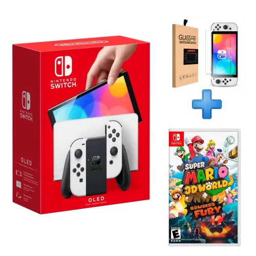 PACK CONSOLA NINTENDO SWITCH OLED BLANCO  + VIDEOJUEGO MARIO 3D WORLD + BOWSER FURY + MICA GLASS PARA SWITCH 