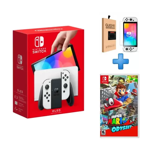 PACK CONSOLANINTENDO SWITCH OLED BLANCO + VIDEOJUEGO SUPER MARIO ODYSSEY + MICA GLASS PARA SWITCH 