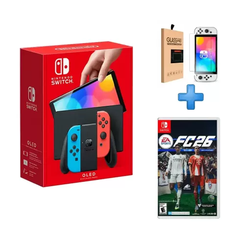 PACK CONSOLA NINTENDO SWITCH OLED NEON + VIDEOJUEGO FC 26 + MICA GLASS PARA SWITCH